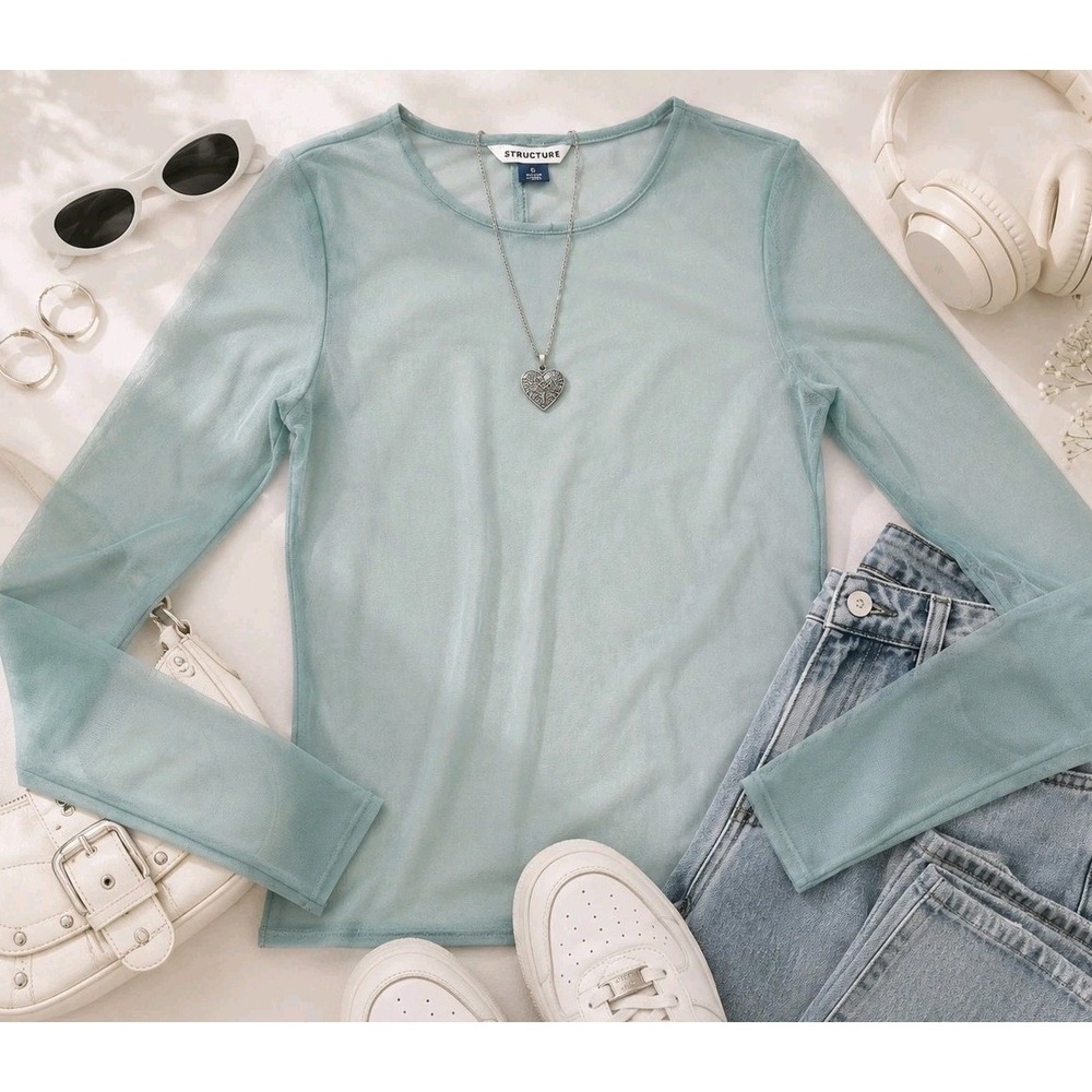 American Eagle Mesh Sheer Long Sleeve Top Women Medium Mint Layering Y2K Stretch